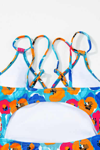 Sky Blue Adjustable Straps Ribbed Knit One Piece Swimsuit