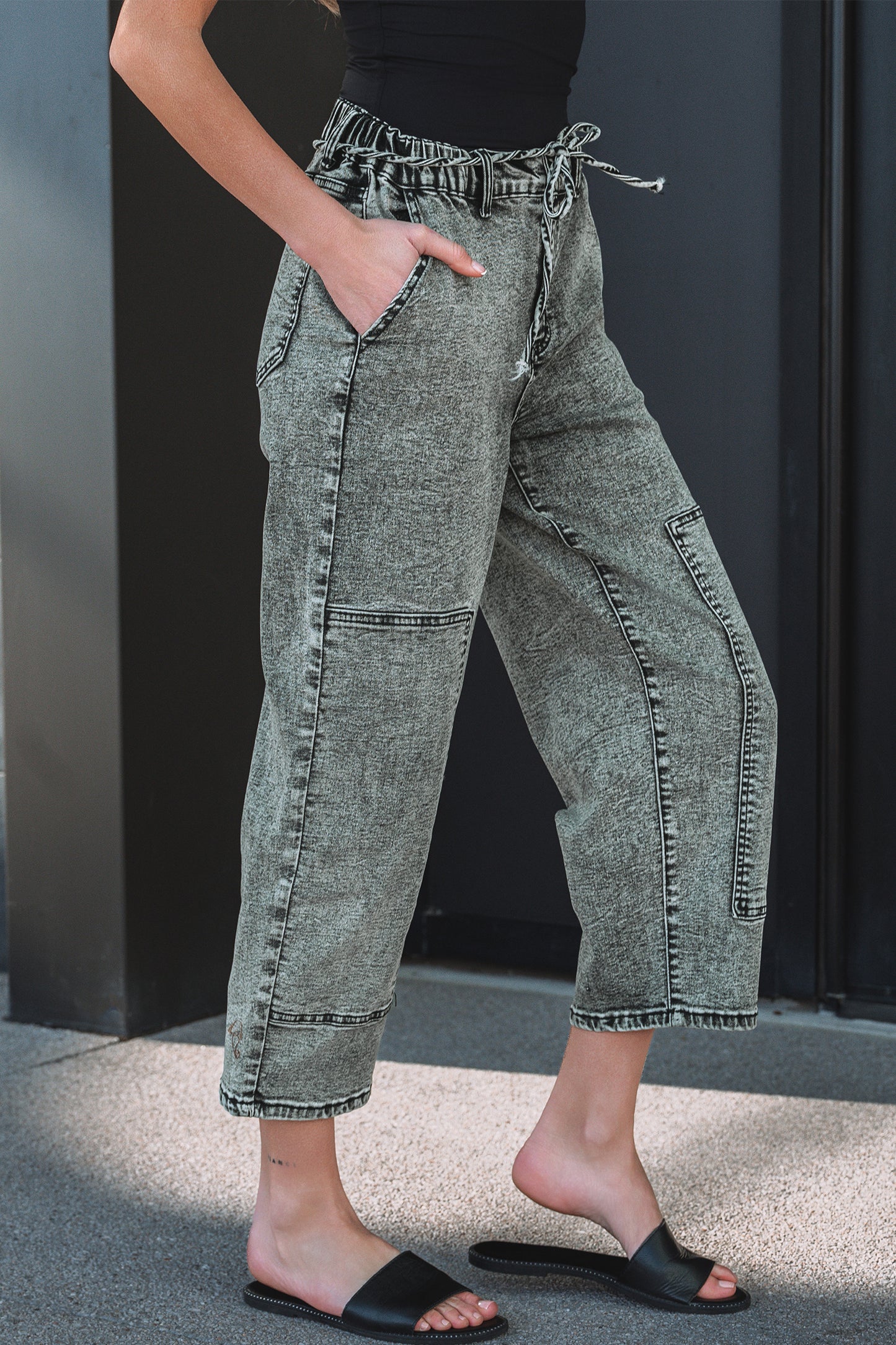 Smoke Gray Acid Wash Barrel Fit Denim Pants with Waist String