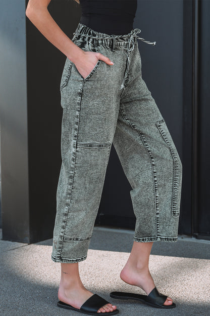 Smoke Gray Acid Wash Barrel Fit Denim Pants with Waist String