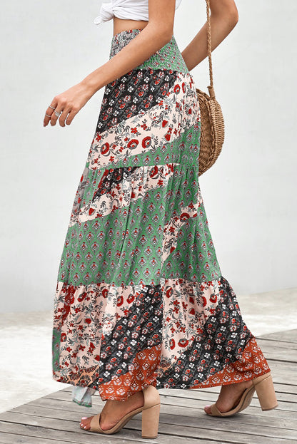 Multicolor Boho Print Tie-Up Waist Long Maxi Skirt