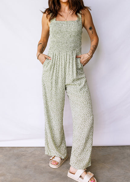 Green Smocked Bodice Square Neck Sleeveless Floral Jumpsuit