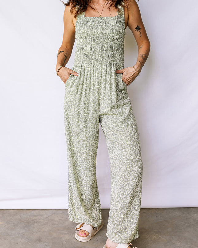 Green Smocked Bodice Square Neck Sleeveless Floral Jumpsuit
