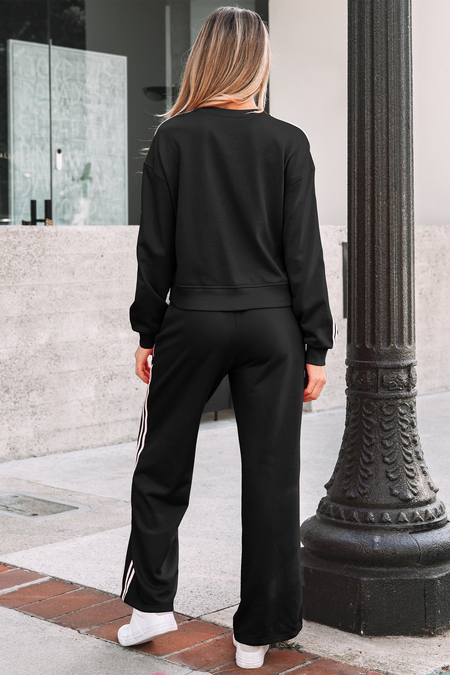 Fiery Red Varsity Striped Detail Crewneck Pullover Elastic Sweatpants 2pcs Outfit