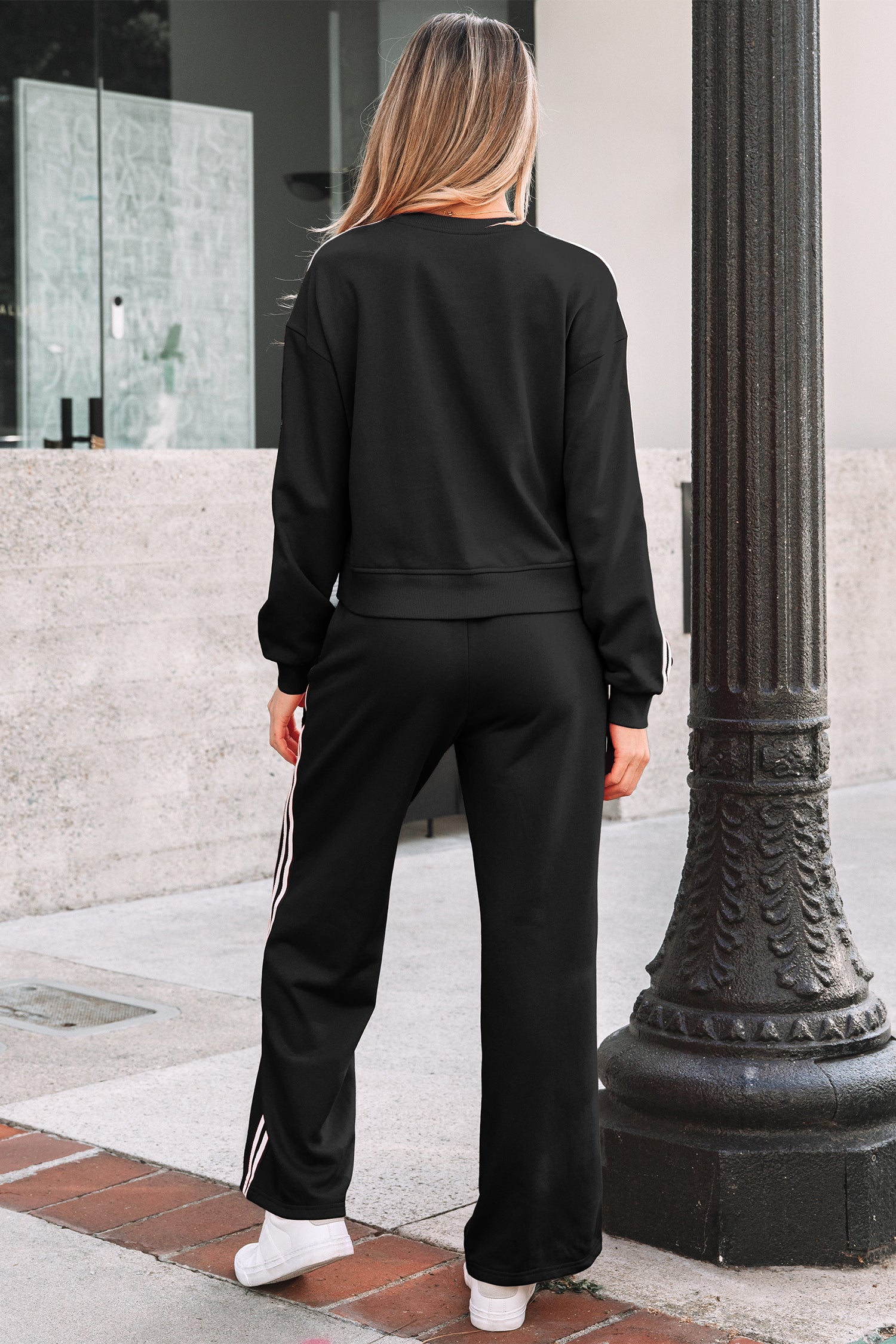 Fiery Red Varsity Striped Detail Crewneck Pullover Elastic Sweatpants 2pcs Outfit