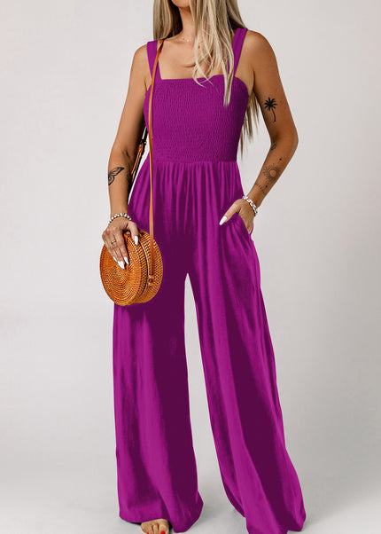 Purple Orchid Smocked Square Neck Sleeveless Jumpsuit with Pockets