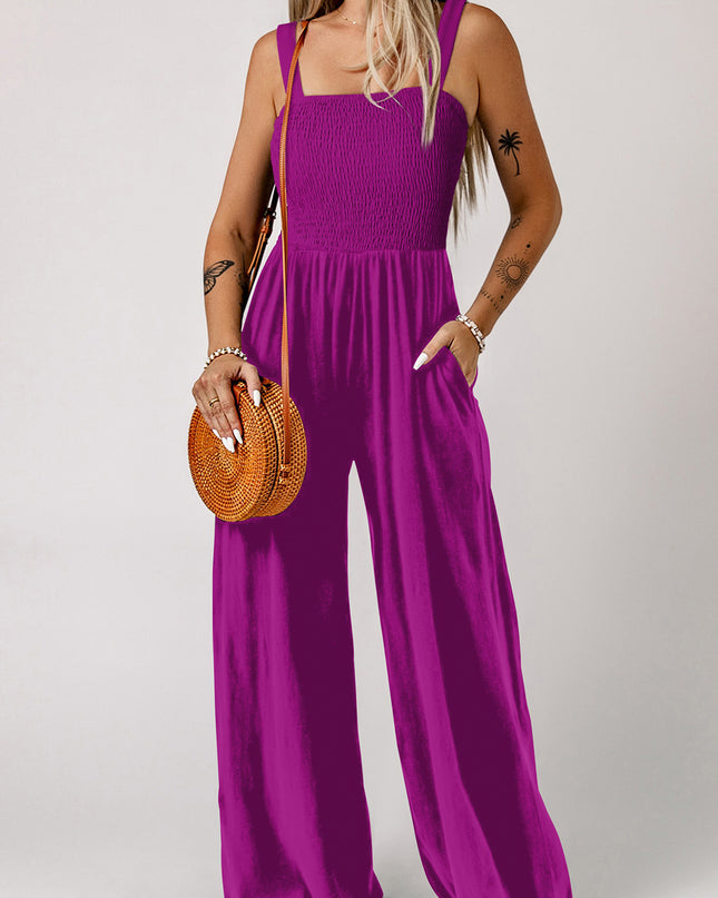 Purple Orchid Smocked Square Neck Sleeveless Jumpsuit with Pockets