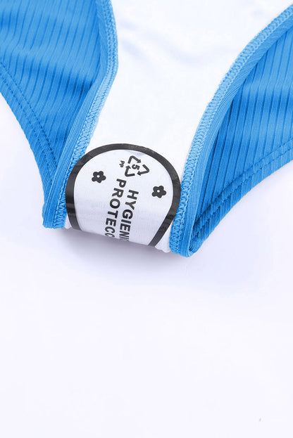 Sky Blue Adjustable Straps Ribbed Knit One Piece Swimsuit