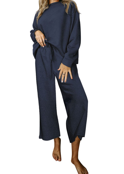 Navy Blue Ultra Loose Textured 2pcs Slouchy Outfit Set