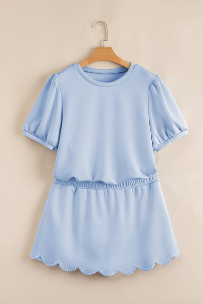 Light Pink Puff Sleeve Pearl Embellished Scallop Trim Top 2 Piece Skort Set