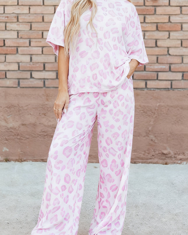 Pink Leopard Two Piece Top and Pants Set