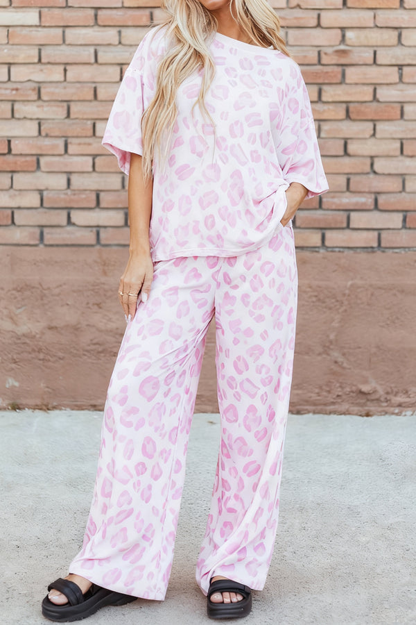 Pink Leopard Two Piece Top and Pants Set
