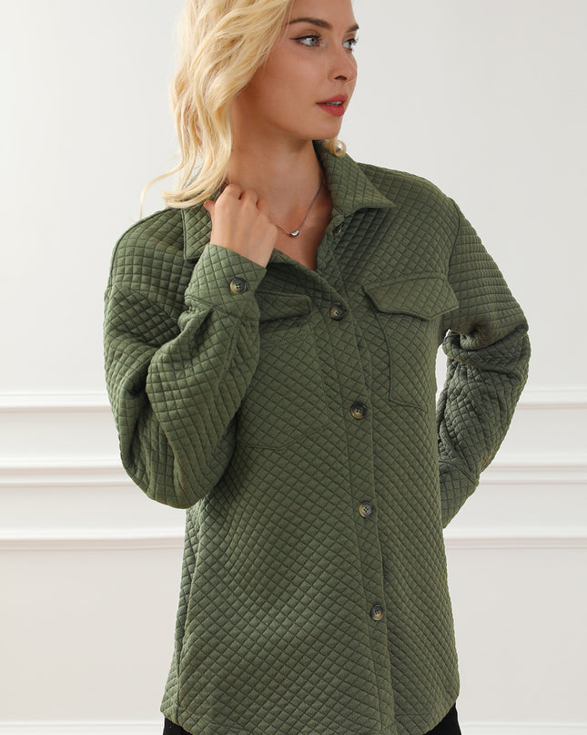 Black Retro Quilted Flap Pocket Button Shacket