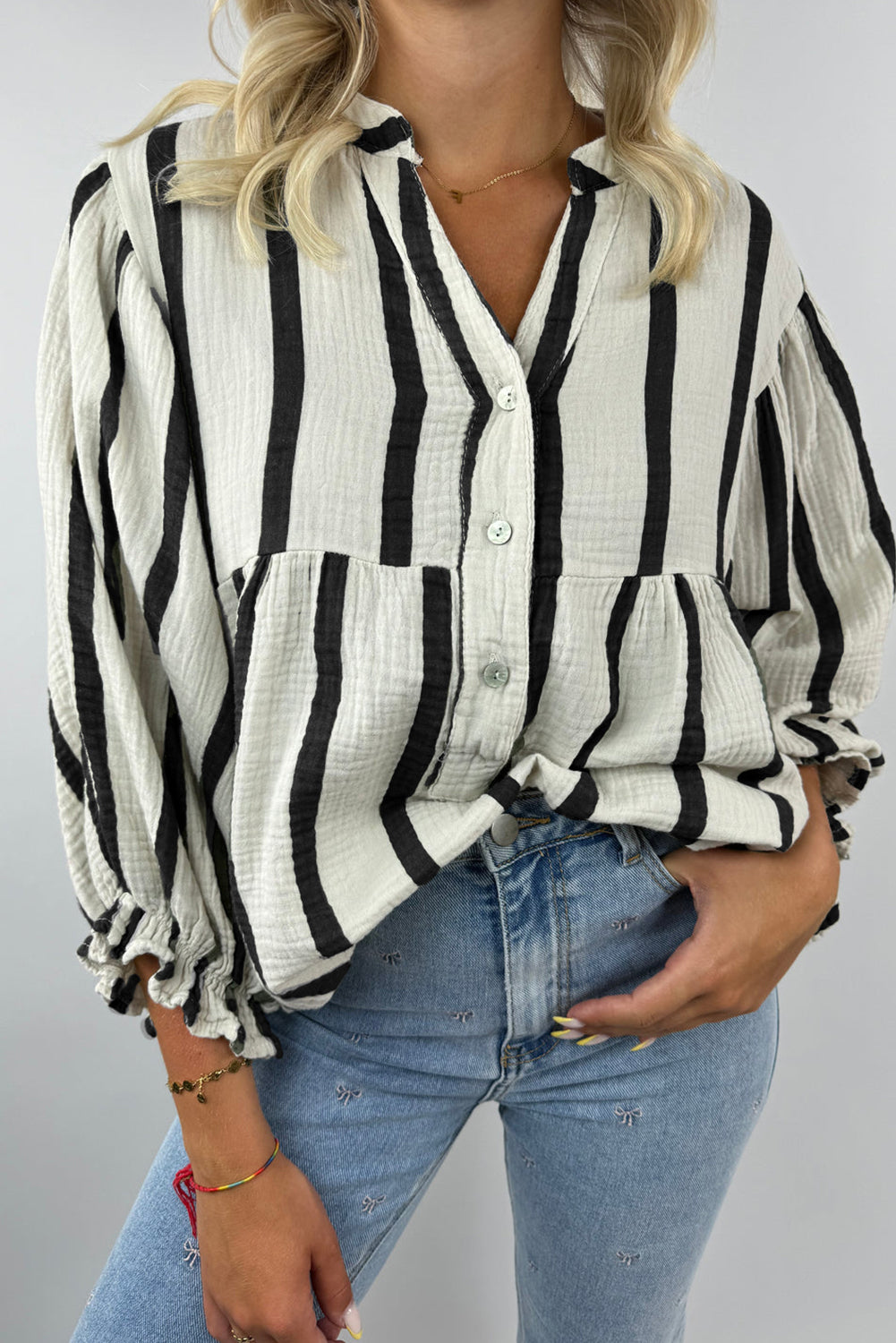 Orange Stripe Crinckled Ruffled Sleeve Button up Loose Shirt