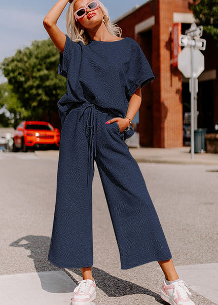 Black Textured Loose Fit T Shirt and Drawstring Pants Set