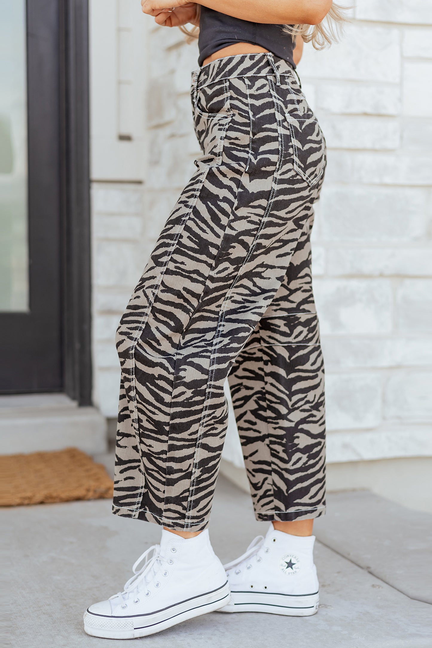 Gray Zebra Stripe Printed Wide Leg Jeans