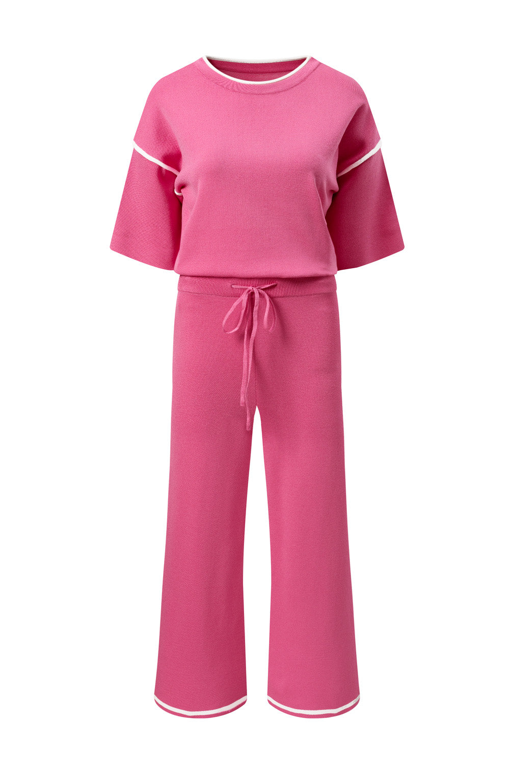 Black Contrast Trim Half Sleeve Top Drawstring Pants Loose 2pcs Sweater Suit Set