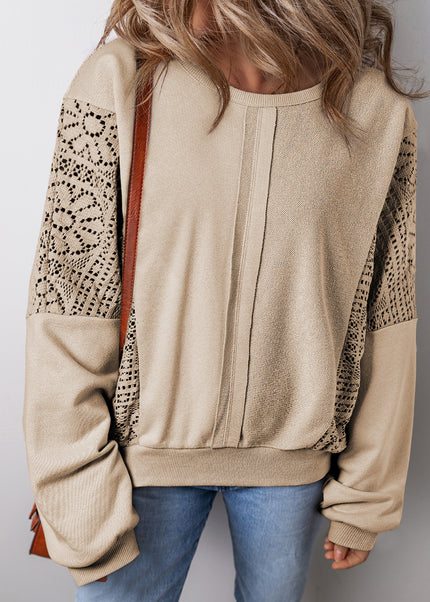 Parchment Knit Crochet Exposed Seam Ribbed Trim Sweatshirt