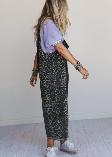 Gray Leopard Print Button Adjustable Straps Cropped Loose Denim Overalls