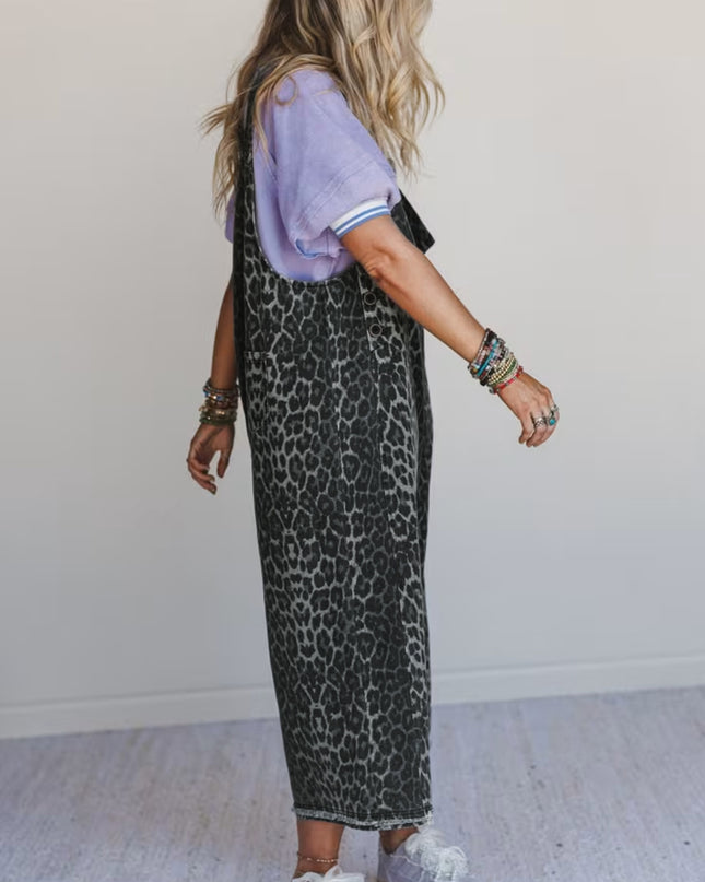 Gray Leopard Print Button Adjustable Straps Cropped Loose Denim Overalls