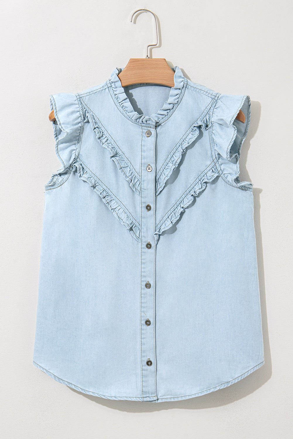 Beau Blue Mineral Wash Cap Sleeve Frilled Button Up Denim Shirt