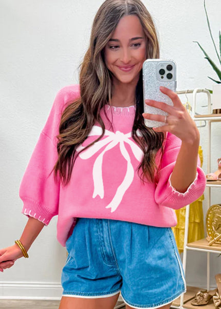 Sachet Pink Big Ribbon Bow Print Contrast Stitch Trim Drop Shoulder Sweater