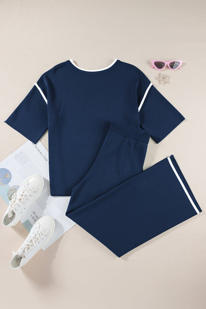 Black Contrast Trim Half Sleeve Top Drawstring Pants Loose 2pcs Sweater Suit Set