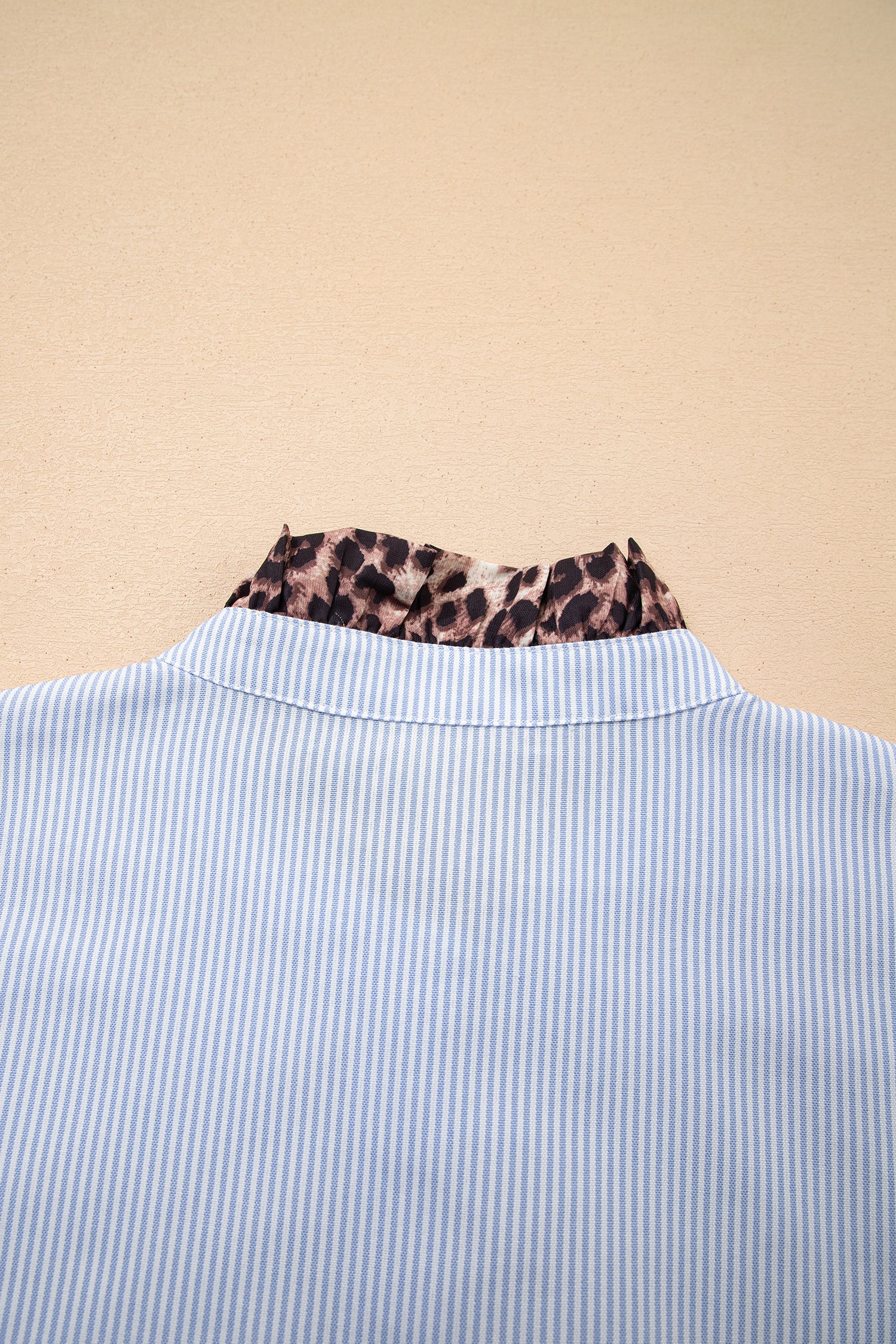Sky Blue Stripe Ruffled Leopard Patchwork Long Sleeve Button Down Loose Shirt