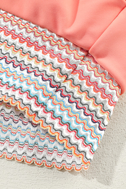 Peach Blossom Striped Patchwork Spaghetti Strap High Waist Bikini Swimsuit