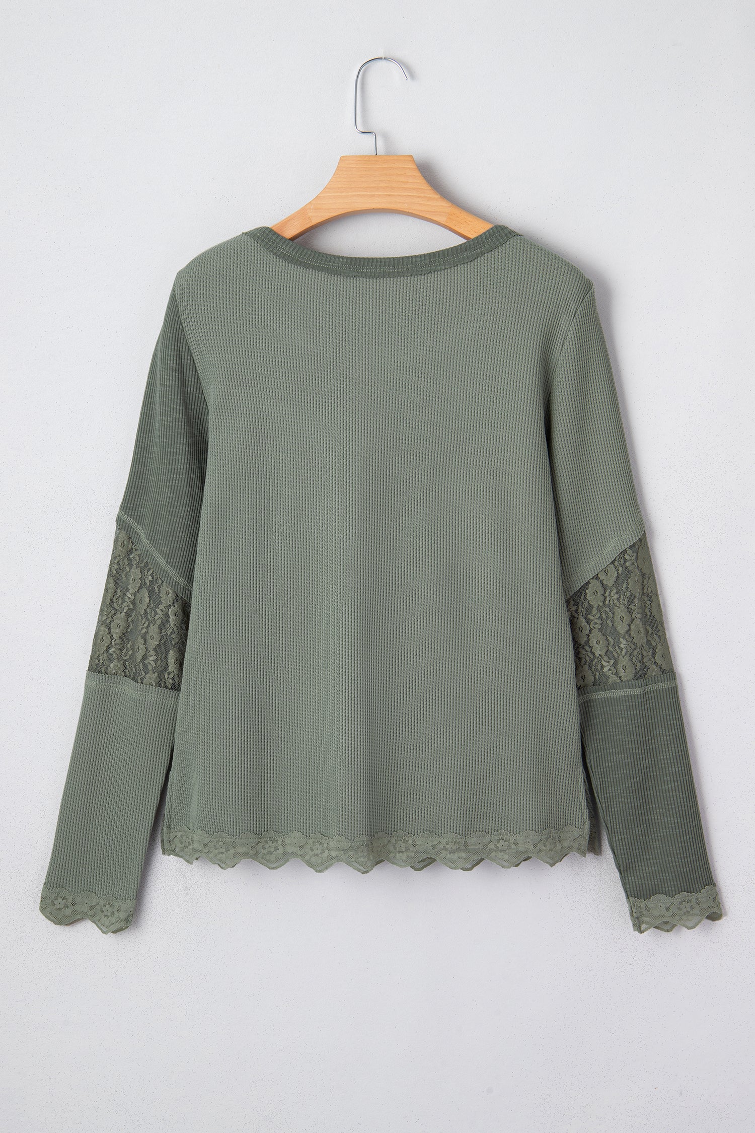 Sage Green Solid Color Waffle Ribbed Lace Patchwork Long Sleeve Top