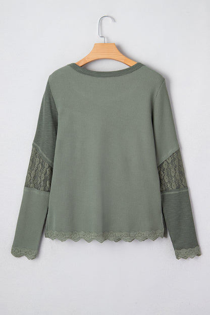Sage Green Solid Color Waffle Ribbed Lace Patchwork Long Sleeve Top