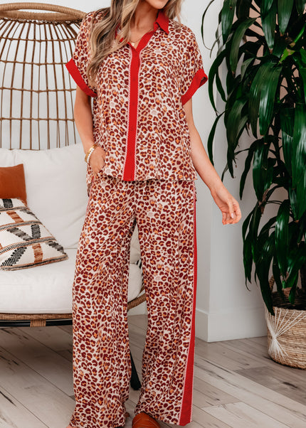 Brown Contrast Trim Leopard Top and Pant Set