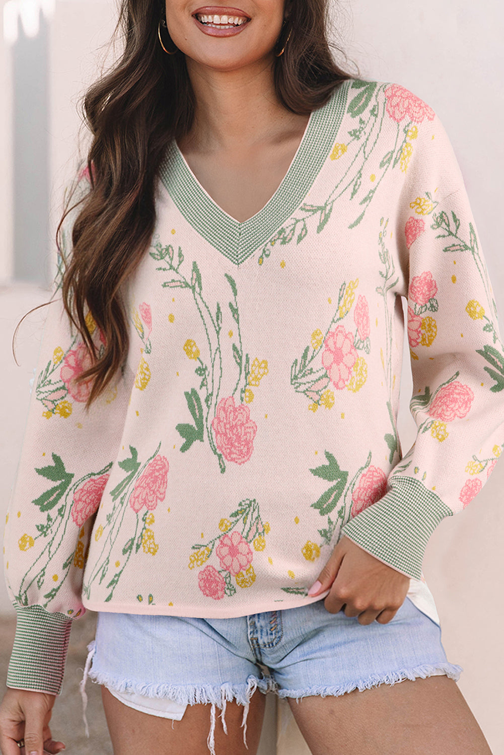 Pink Floral Pattern Striped V Neck Loose Sweater