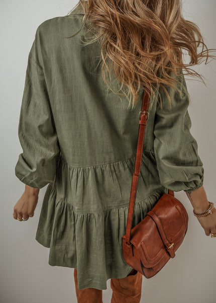 Tan Puff Sleeve Buttoned Tiered Pleated Shirt Mini Dress