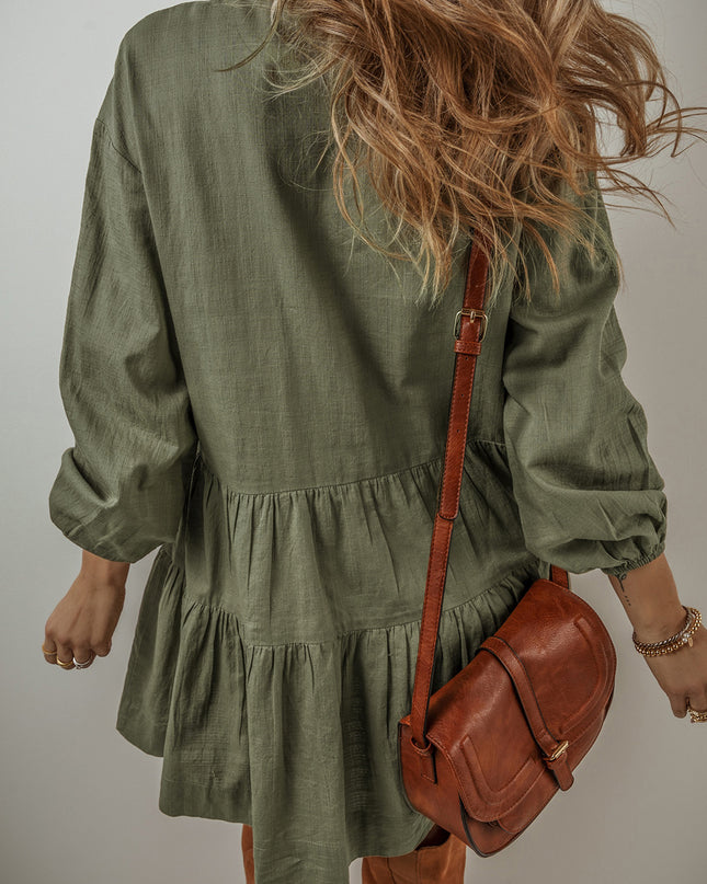 Tan Puff Sleeve Buttoned Tiered Pleated Shirt Mini Dress