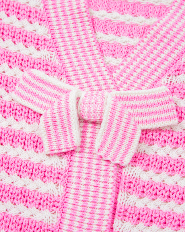 Pink Stripe Short Sleeve Knit V Neck Bow Knot Sweater