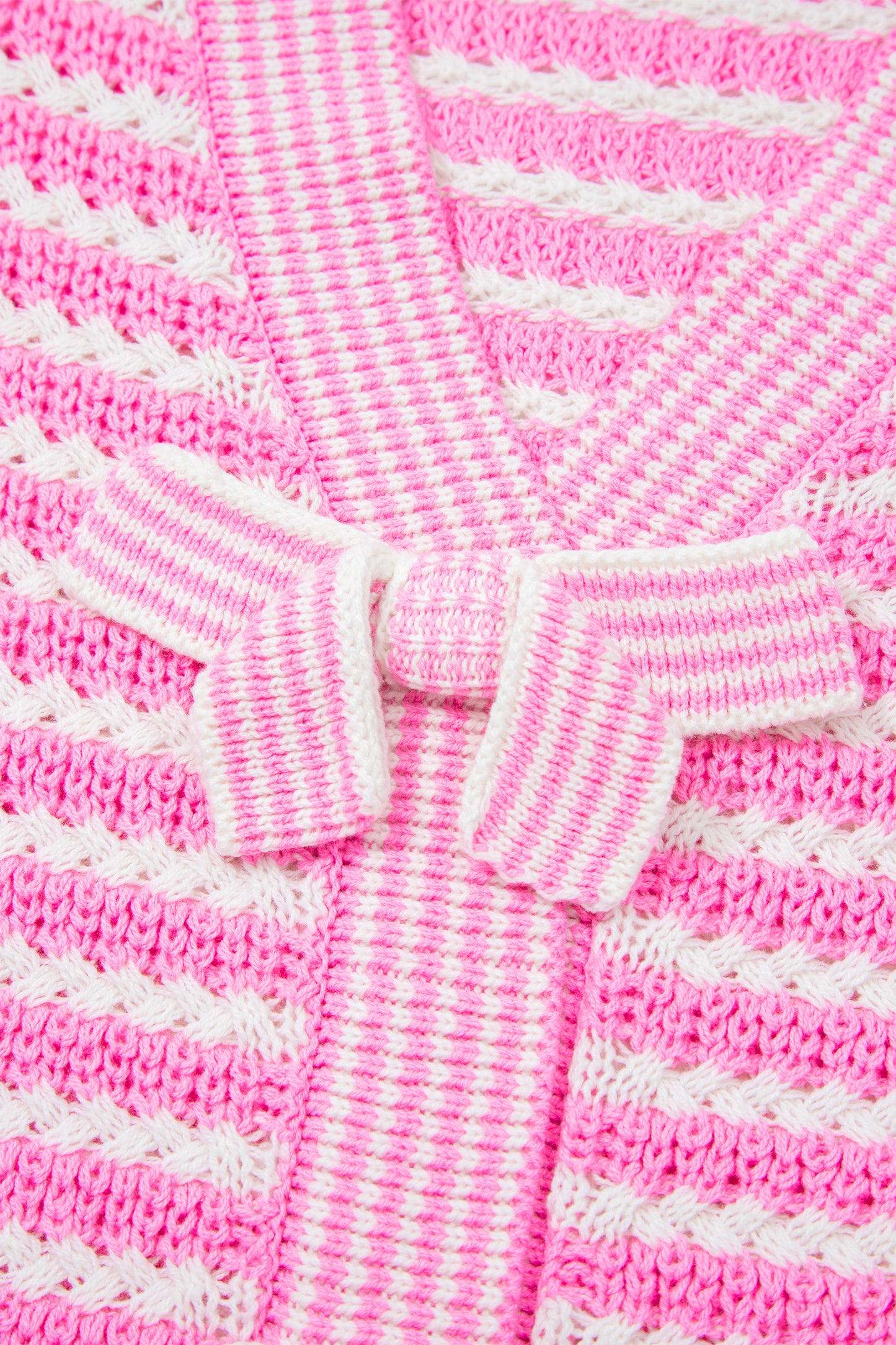 Pink Stripe Short Sleeve Knit V Neck Bow Knot Sweater