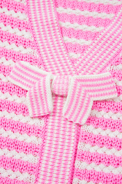 Pink Stripe Short Sleeve Knit V Neck Bow Knot Sweater