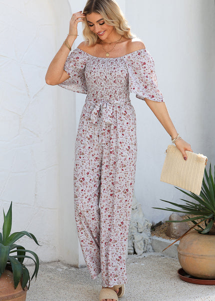 White Smocked Short Sleeve Wide Leg Floral Print Jumpsuit
