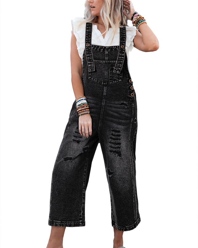Stone Blue Distressed Bib Pocket Wide Leg Denim Overall