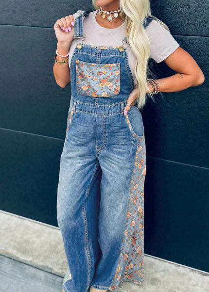 Peacock Blue Floral Patchwork Bib Denim Wide Leg Overalls