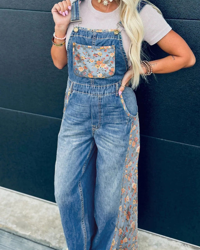 Peacock Blue Floral Patchwork Bib Denim Wide Leg Overalls