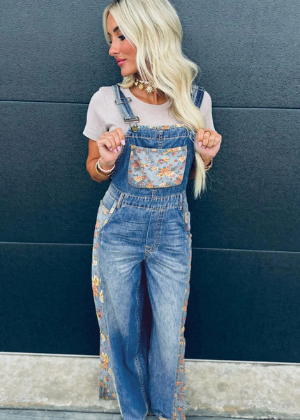 Peacock Blue Floral Patchwork Bib Denim Wide Leg Overalls