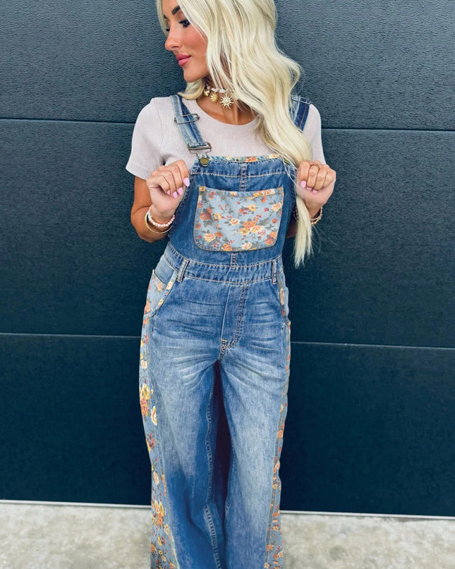 Peacock Blue Floral Patchwork Bib Denim Wide Leg Overalls