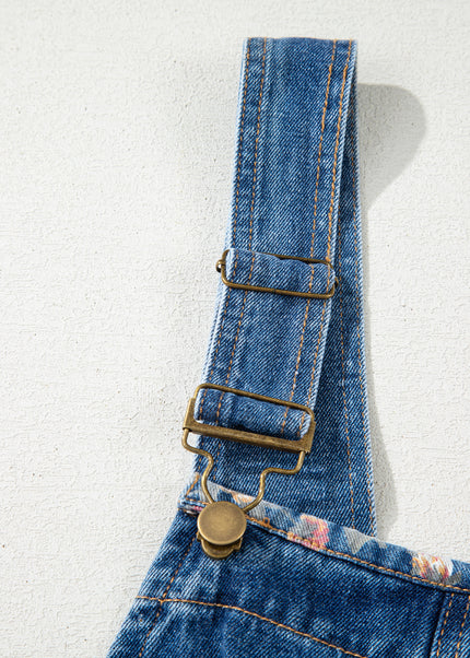 Peacock Blue Floral Patchwork Bib Denim Wide Leg Overalls