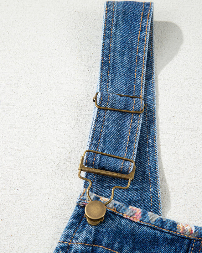 Peacock Blue Floral Patchwork Bib Denim Wide Leg Overalls