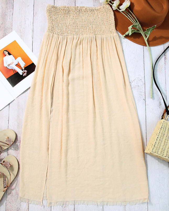Beige Shirred High Waist Split Long Beach Skirt