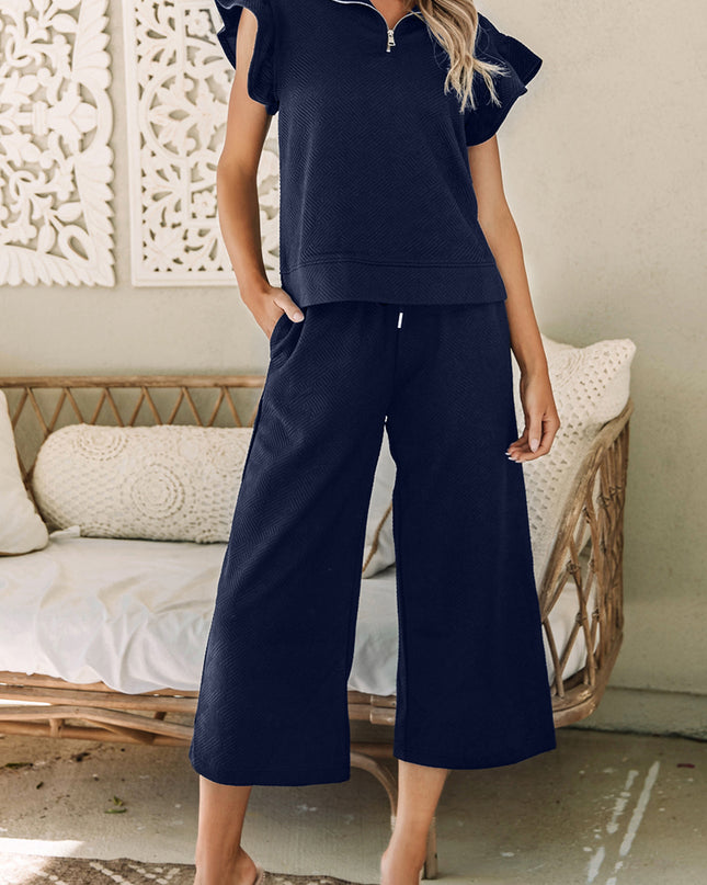Black Textured Flutter Sleeve Top Wide Leg Pants Set
