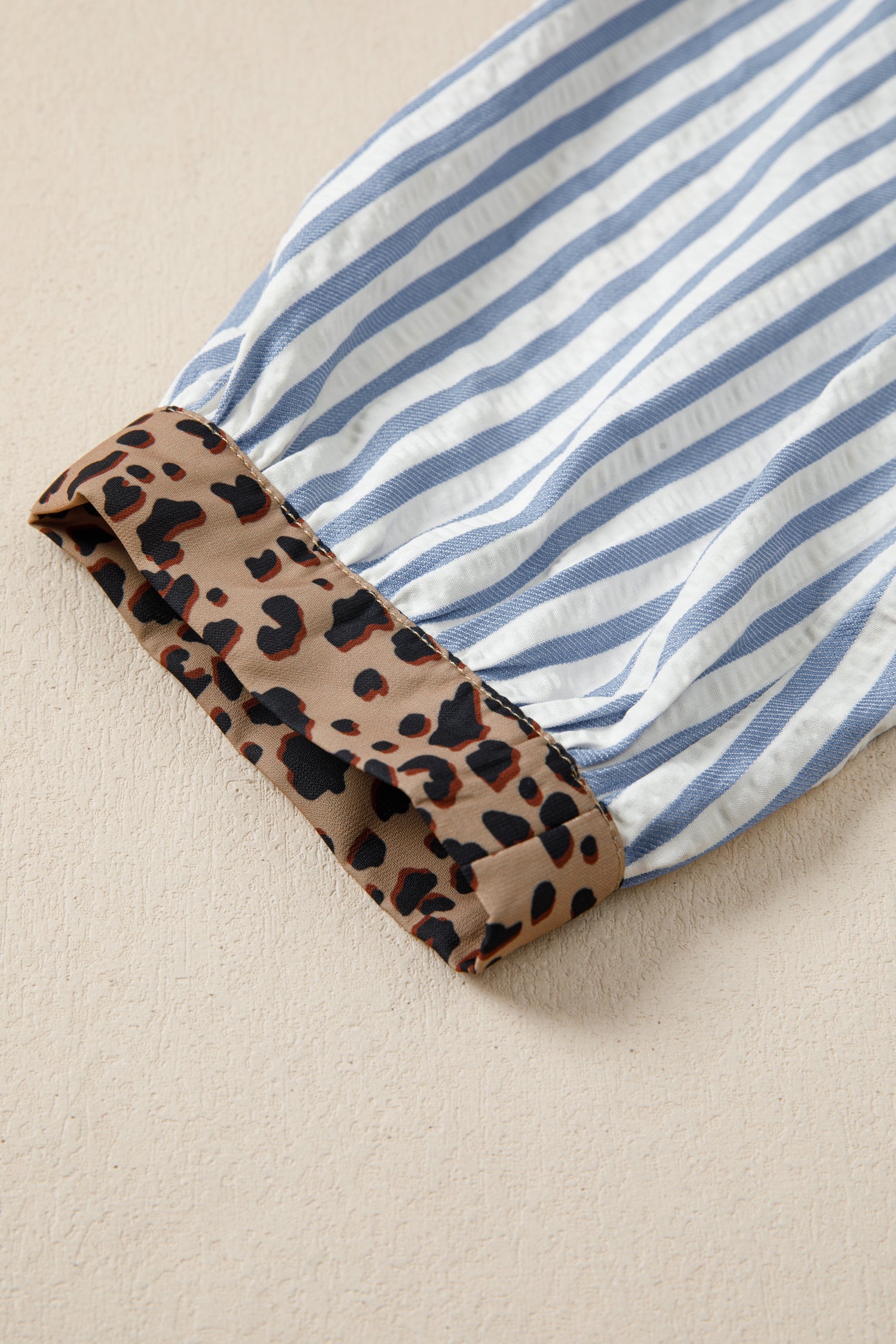 Sky Blue Stripe Leopard Trim V Neck Button Down Half Sleeve Shirt