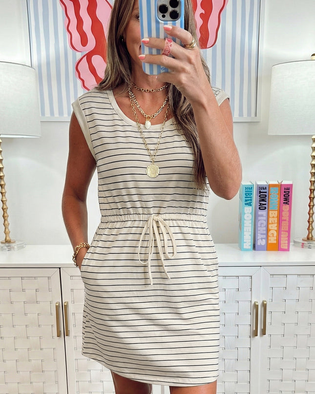 Beige Stripe Drawstring Tunic Tank Mini Dress with Pockets