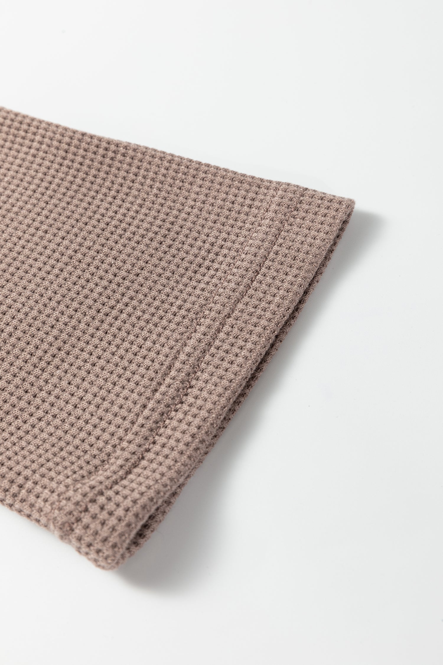 Beige Solid Color Waffle Knit Asymmetric Neck Long Sleeve Top